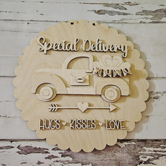 Wooden wall decor with a truck design and text on a rustic wooden background