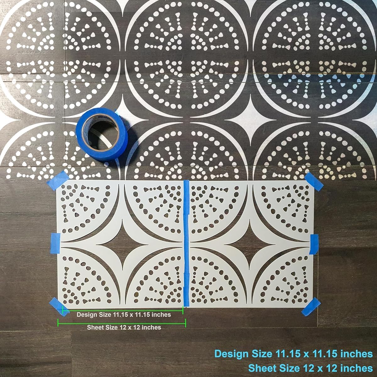 Decorative tile stencil with a geometric pattern on a wooden surface.