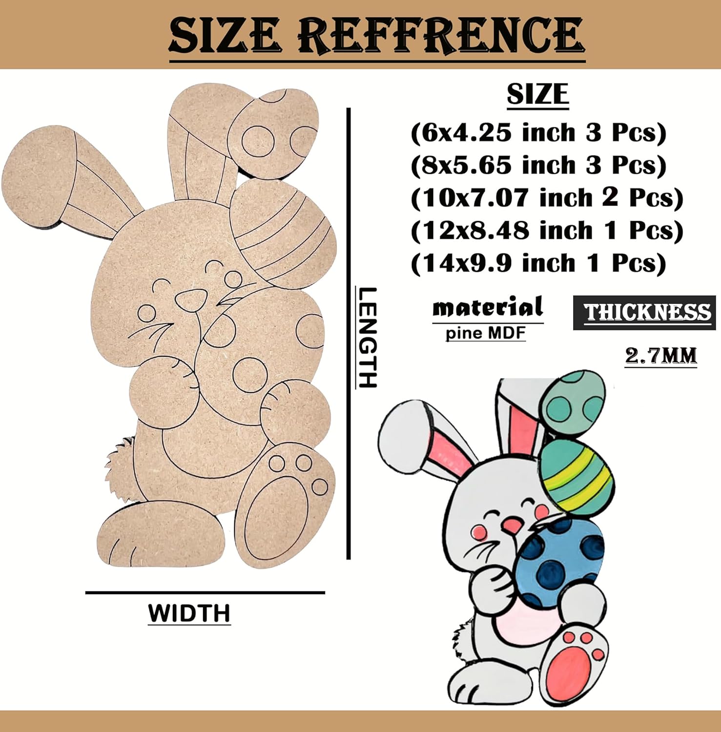 Size reference chart for a wooden bunny cutout with dimensions and material details.