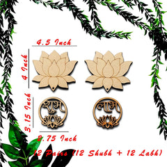 Wooden lotus earrings with measurements and text on a white background with green leaves.