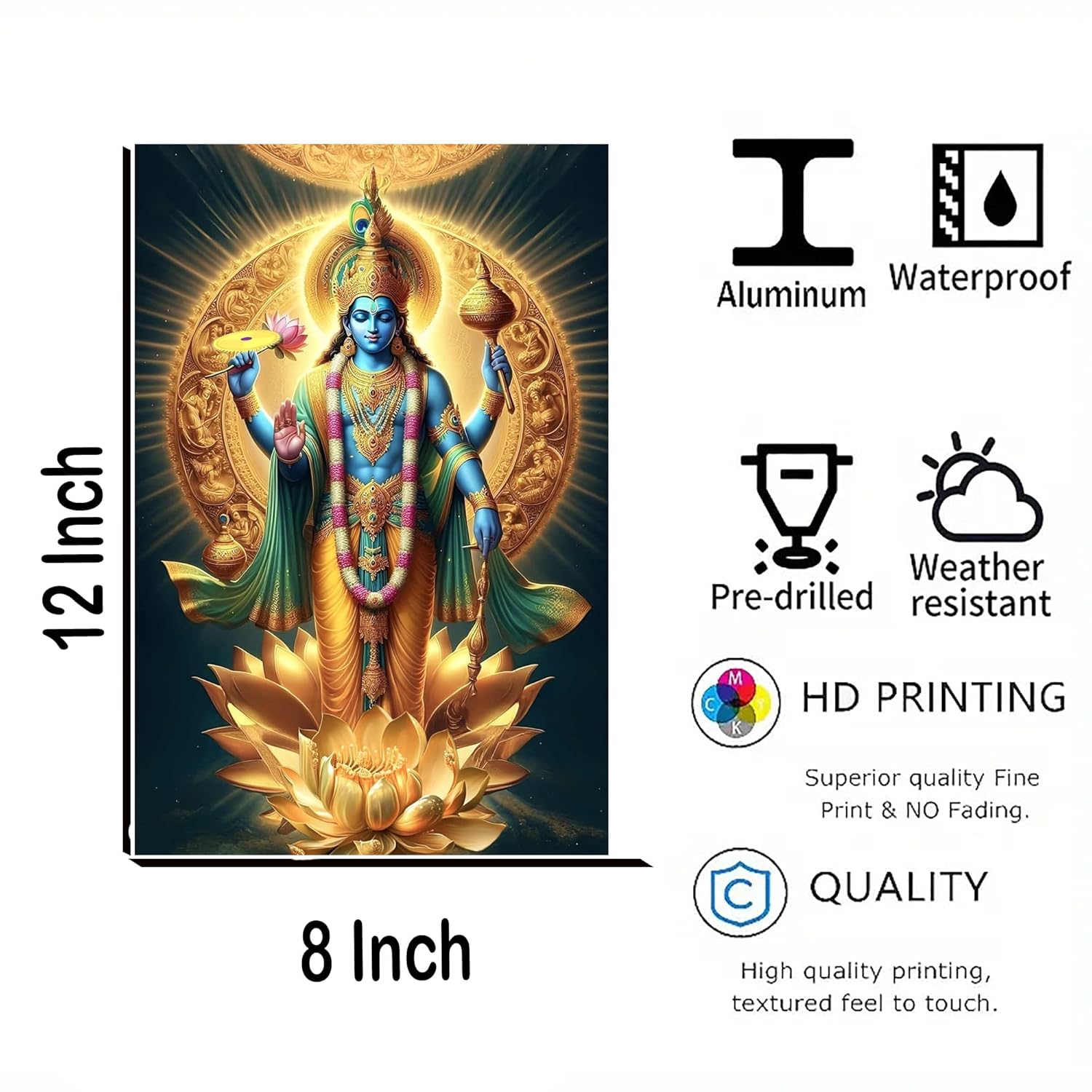 Decorative panel with a神像 design, size 12x8 inch, featuring waterproof, pre-drilled, weather-resistant, HD printing, and high-quality quality attributes.