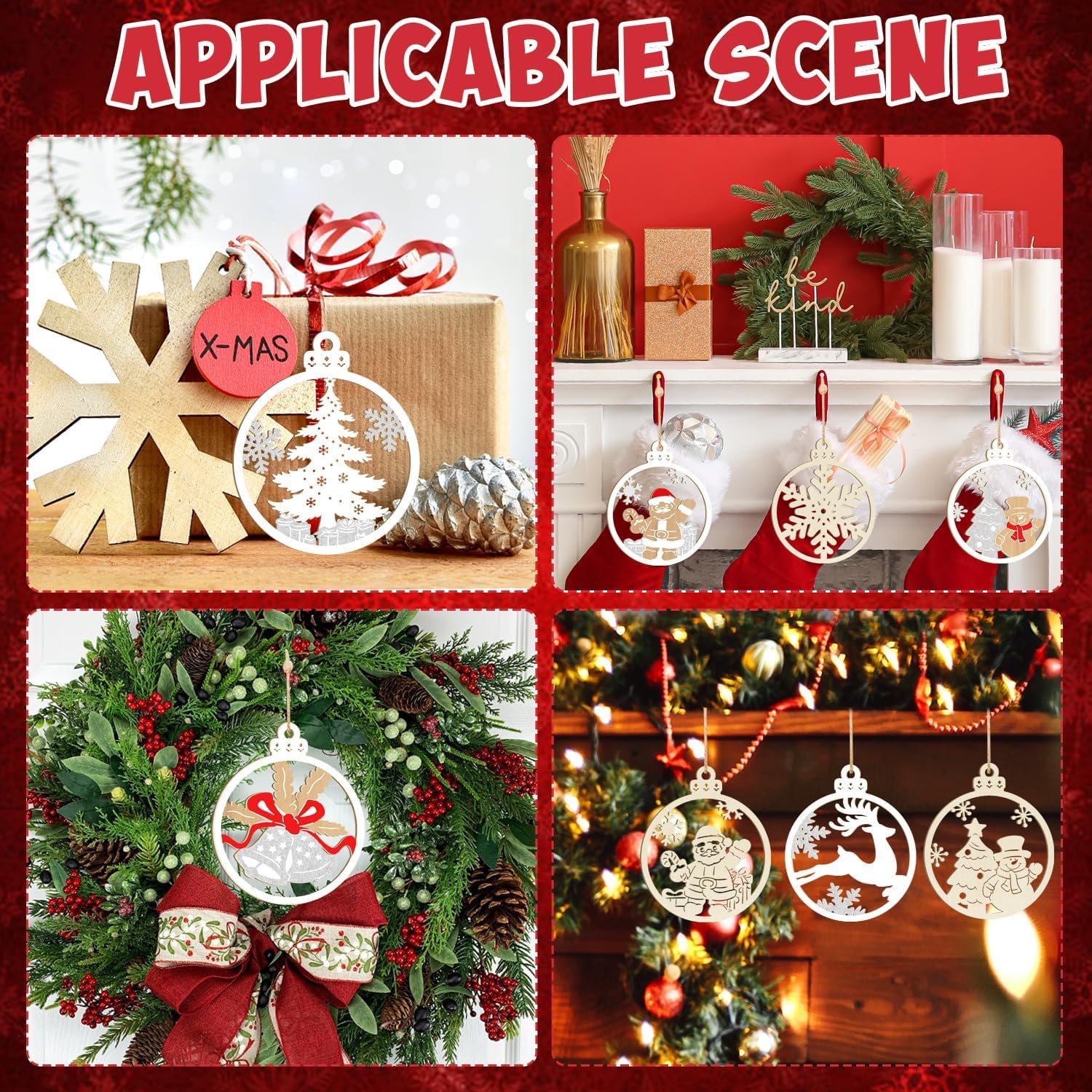 Collage of Christmas-themed decorations including ornaments, wreaths, and gift boxes.