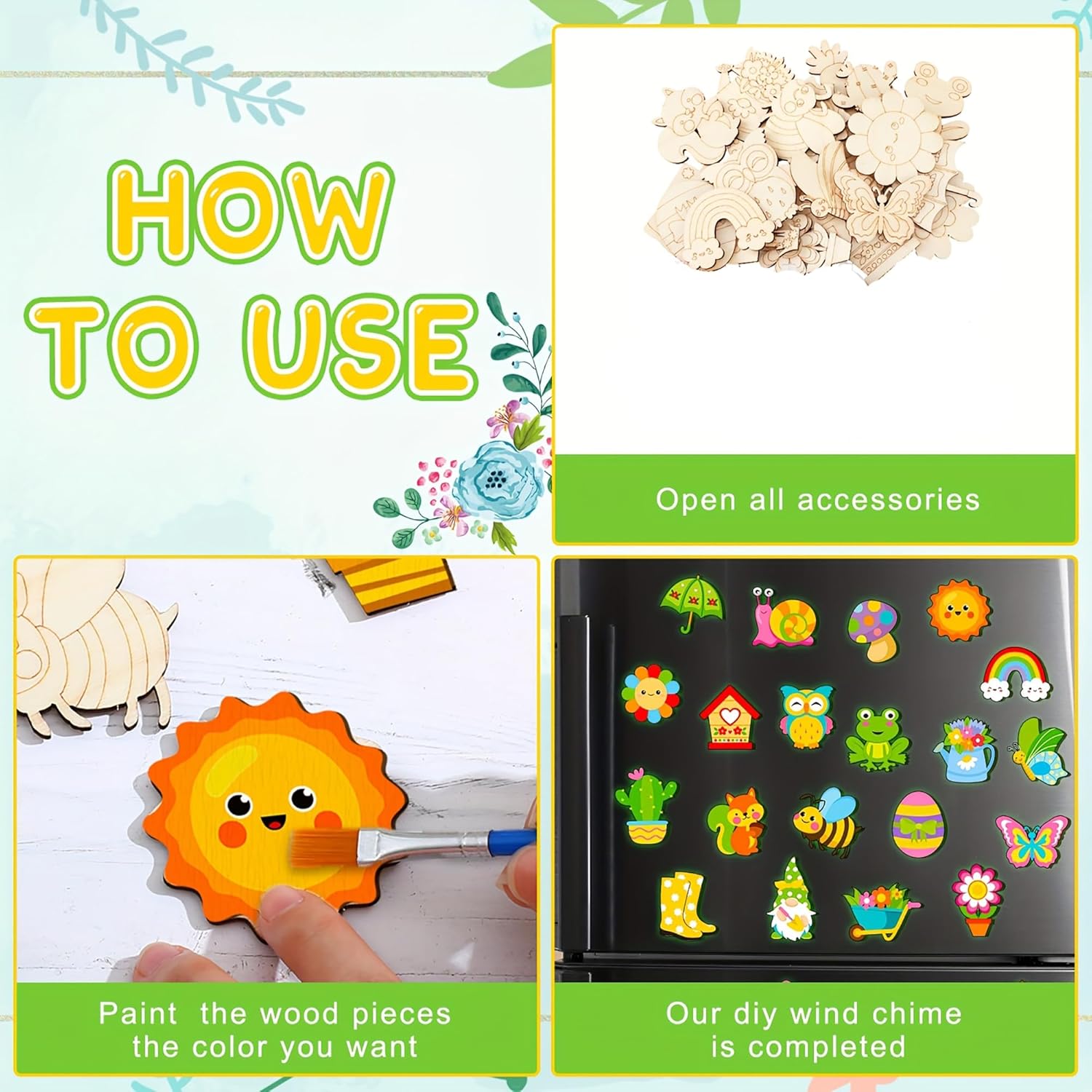 Step-by-step guide on how to use wooden pieces to create a DIY wind chime with colorful magnets.