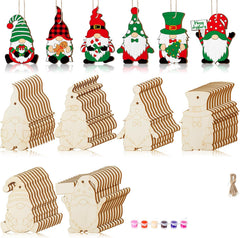 Set of Christmas-themed wooden ornaments including gnomes and trees on a white background.