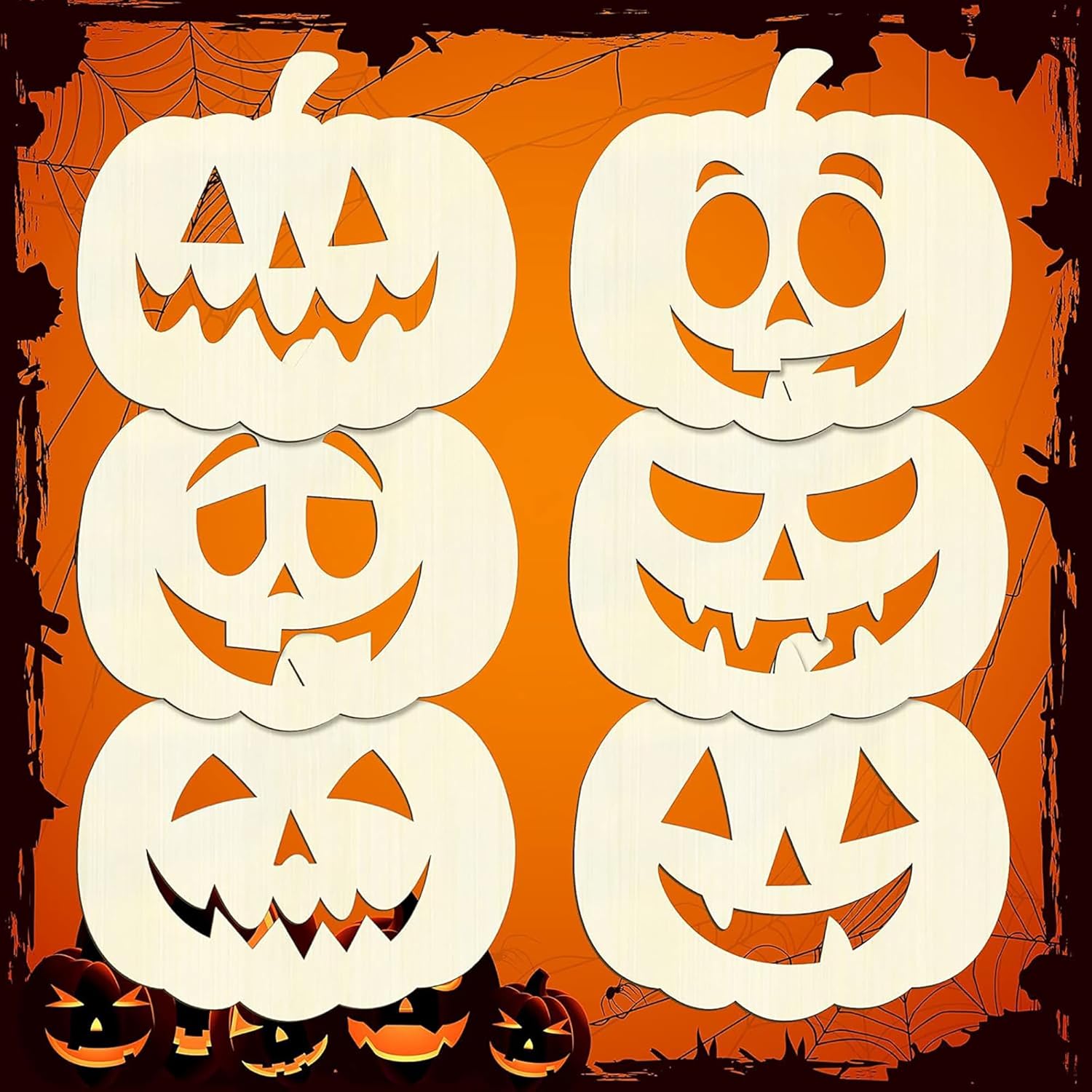 Set of six white pumpkin cutouts with jack-o'-lantern faces on an orange background.