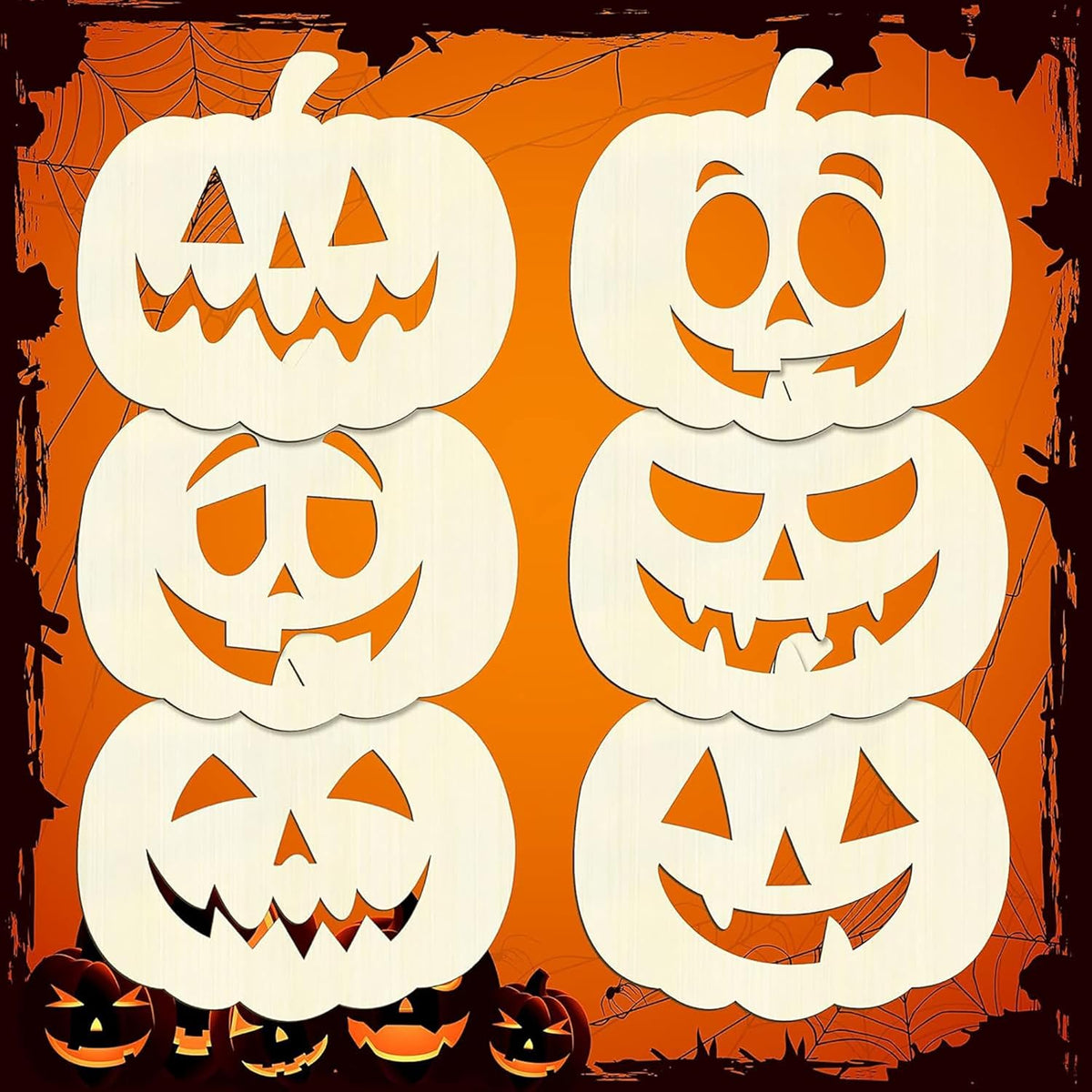 Set of six white pumpkin cutouts with jack-o'-lantern faces on an orange background.