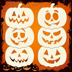 Set of six white pumpkin cutouts with jack-o'-lantern faces on an orange background.