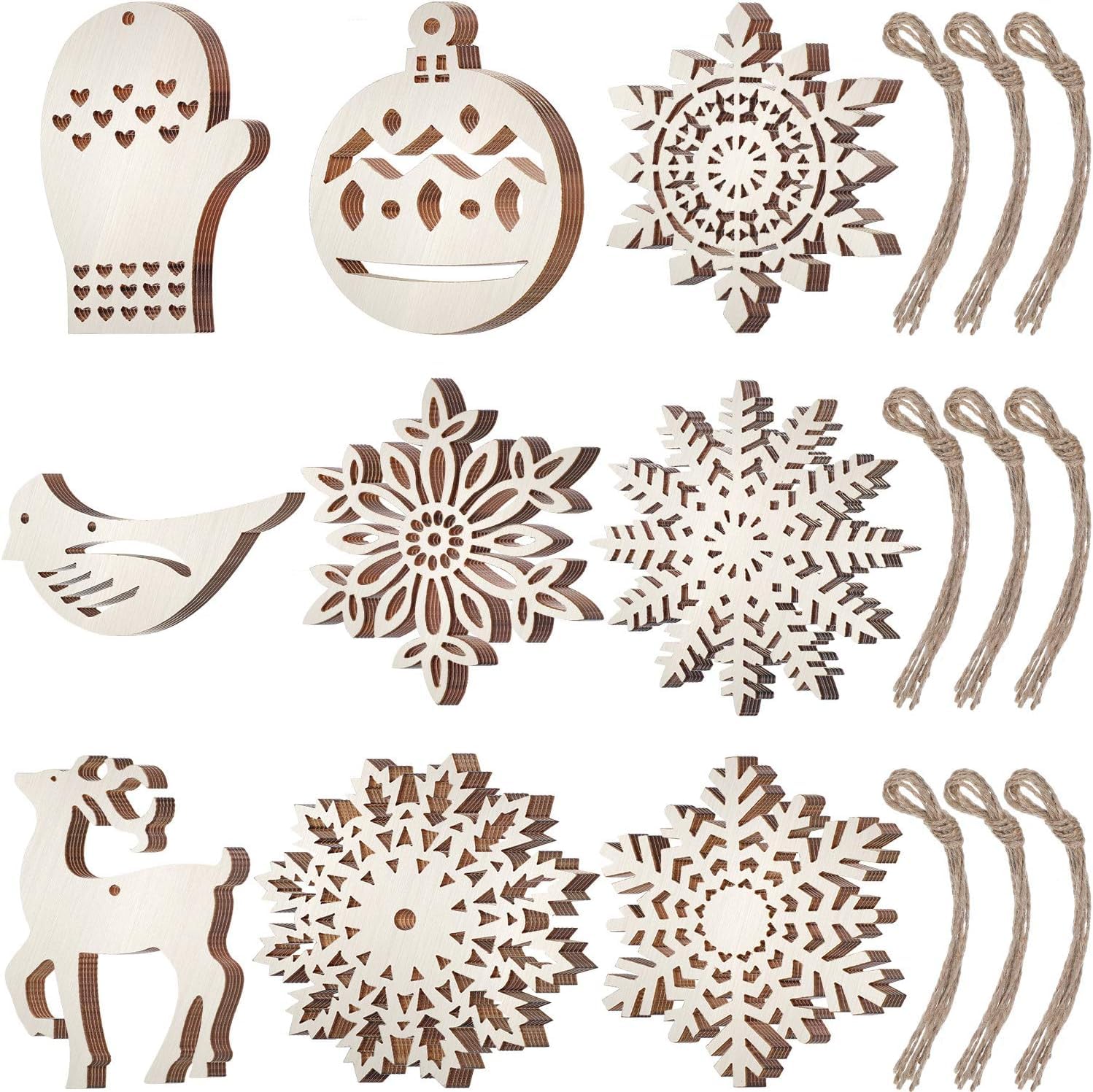 Set of wooden Christmas ornaments including snowflakes, a mitten, a bird, and a deer with twine on a white background.