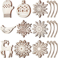 Set of wooden Christmas ornaments including snowflakes, a mitten, a bird, and a deer with twine on a white background.