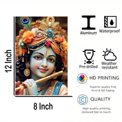 Decorative panel with a religious figure, featuring size, material, and feature icons on a white background.