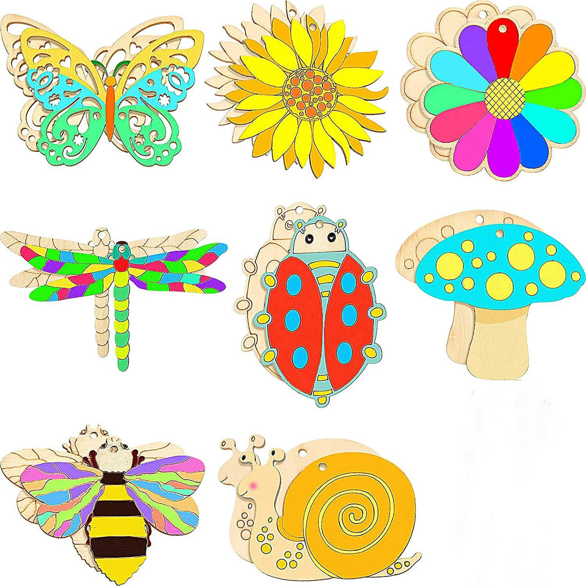 Set of colorful wooden insect-shaped decorations on a white background