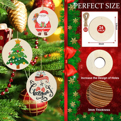 Wooden Christmas ornaments with designs of Santa Claus, Christmas tree, and 'Merry Christmas' on a decorated tree, with packaging showing measurements and design options.