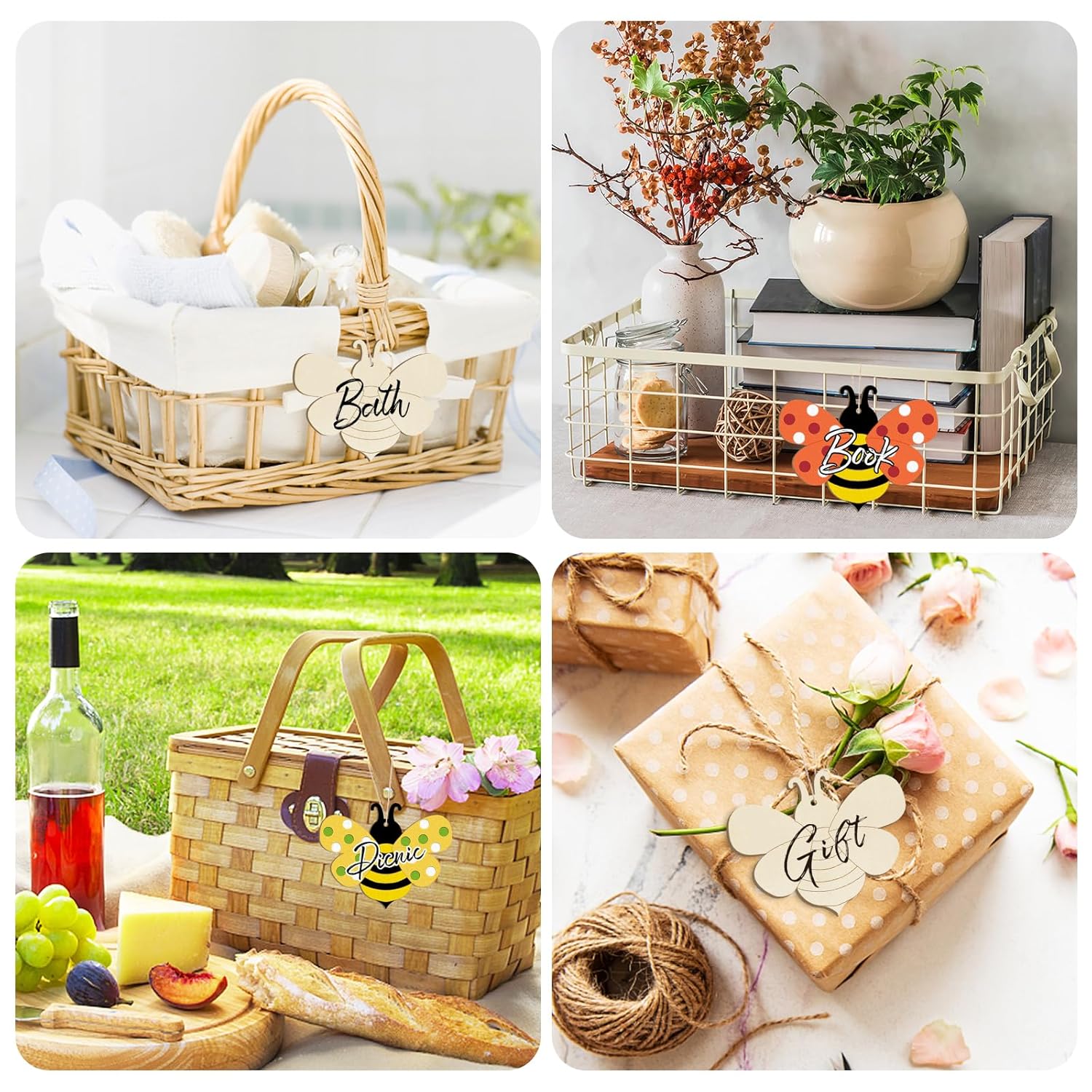 Collage of picnic basket, gift box, and decorative items with 'Bless' and 'Gift' tags.