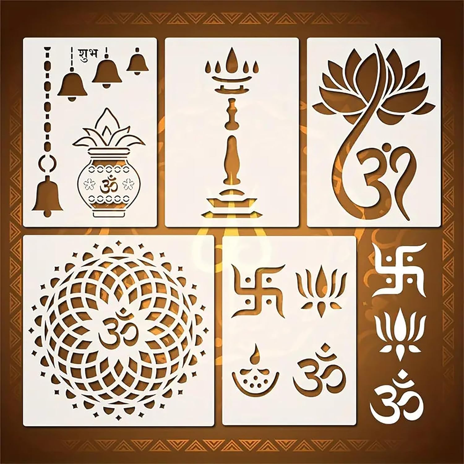 Set of six decorative stencils with religious symbols on a brown background