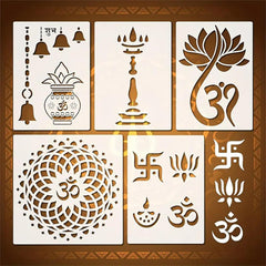 Set of six decorative stencils with religious symbols on a brown background