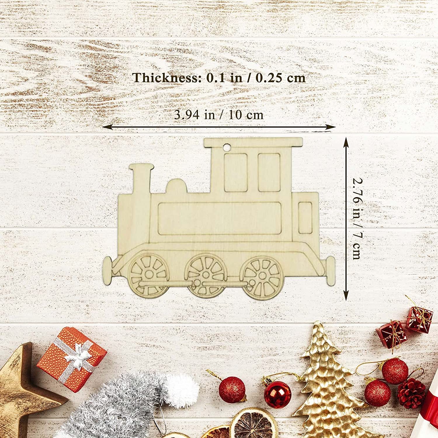 Wooden train ornament with measurements on a wooden background