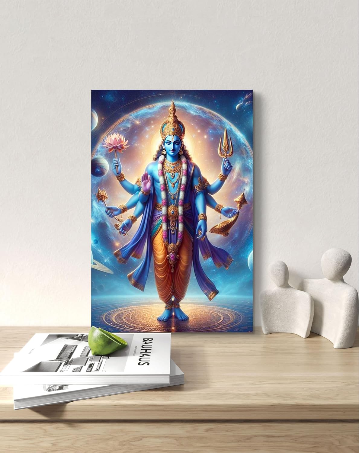 Colorful depiction of a deity on a wall with a minimalistic setting