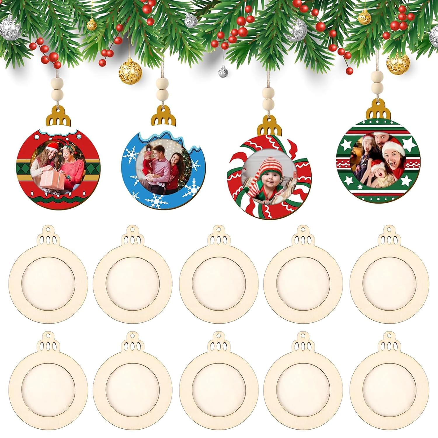 Set of Christmas ornaments with customizable photo options and plain wooden ones.