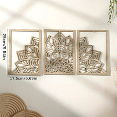 Three wooden wall art panels with geometric patterns on a plain background