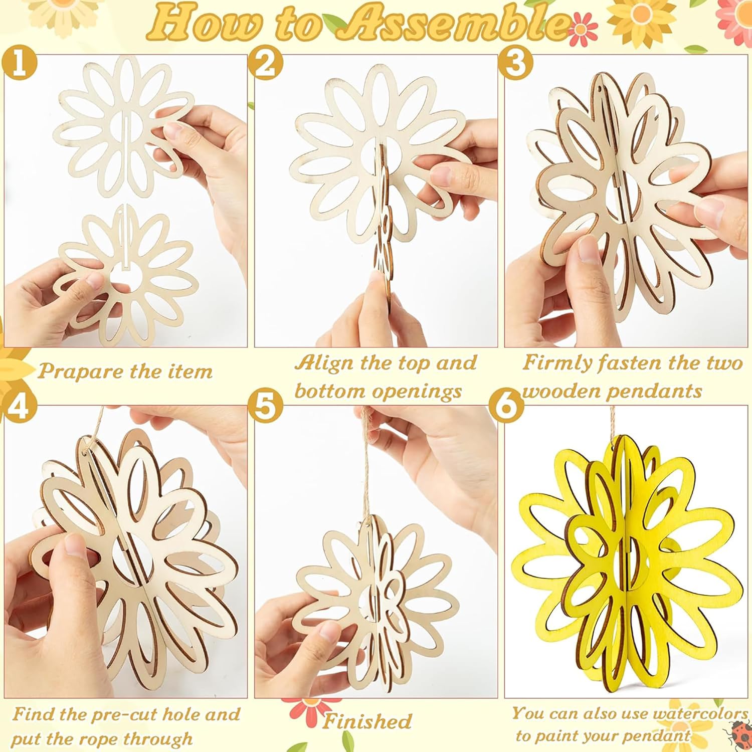 Step-by-step assembly guide for wooden flower pendants with hands demonstrating each step.