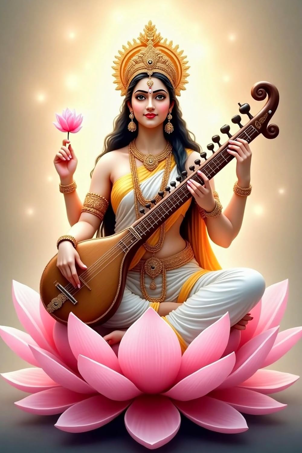 Deity playing a stringed instrument on a pink lotus