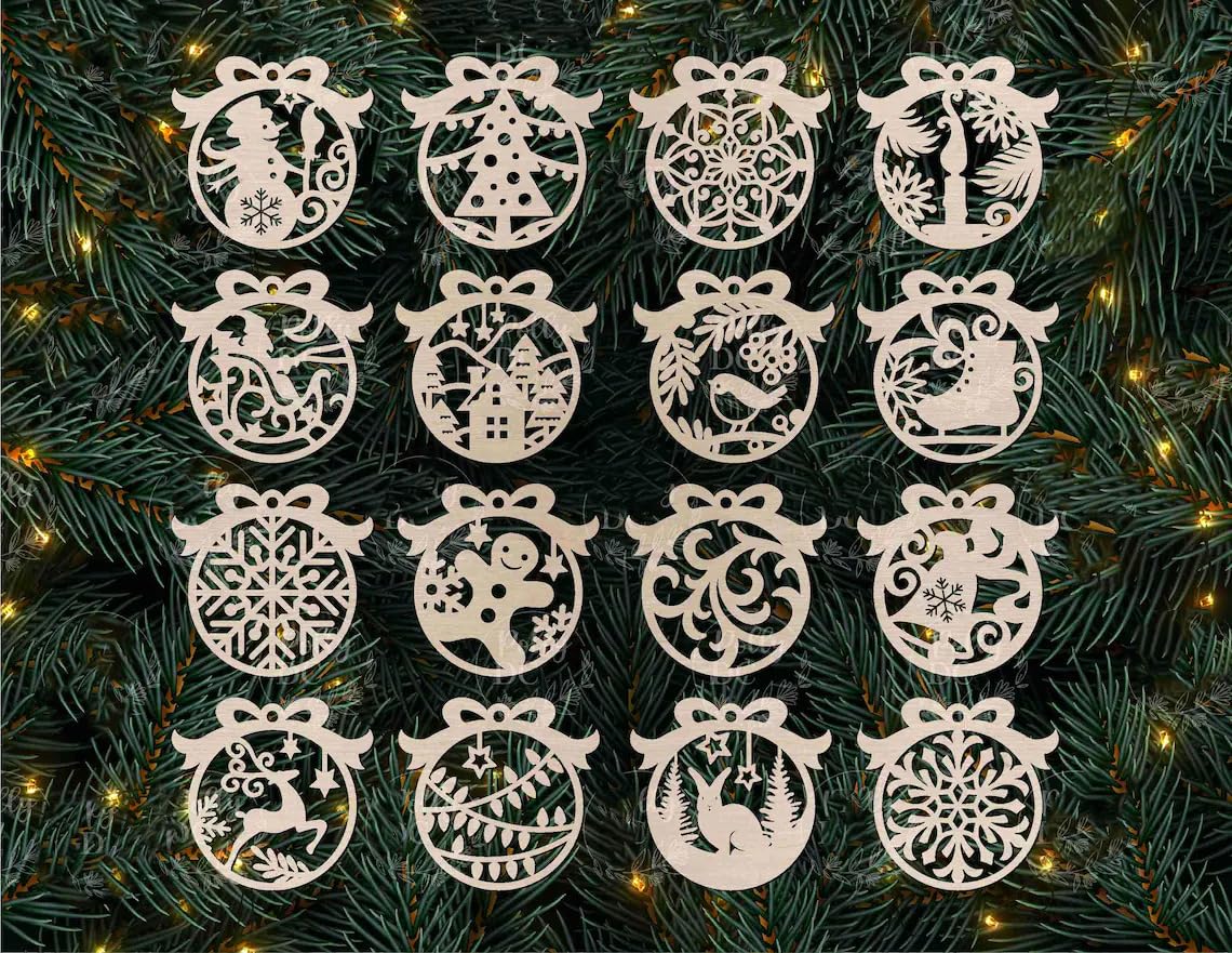 Decorative Christmas ornaments on a tree with lights