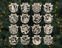 Decorative Christmas ornaments on a tree with lights