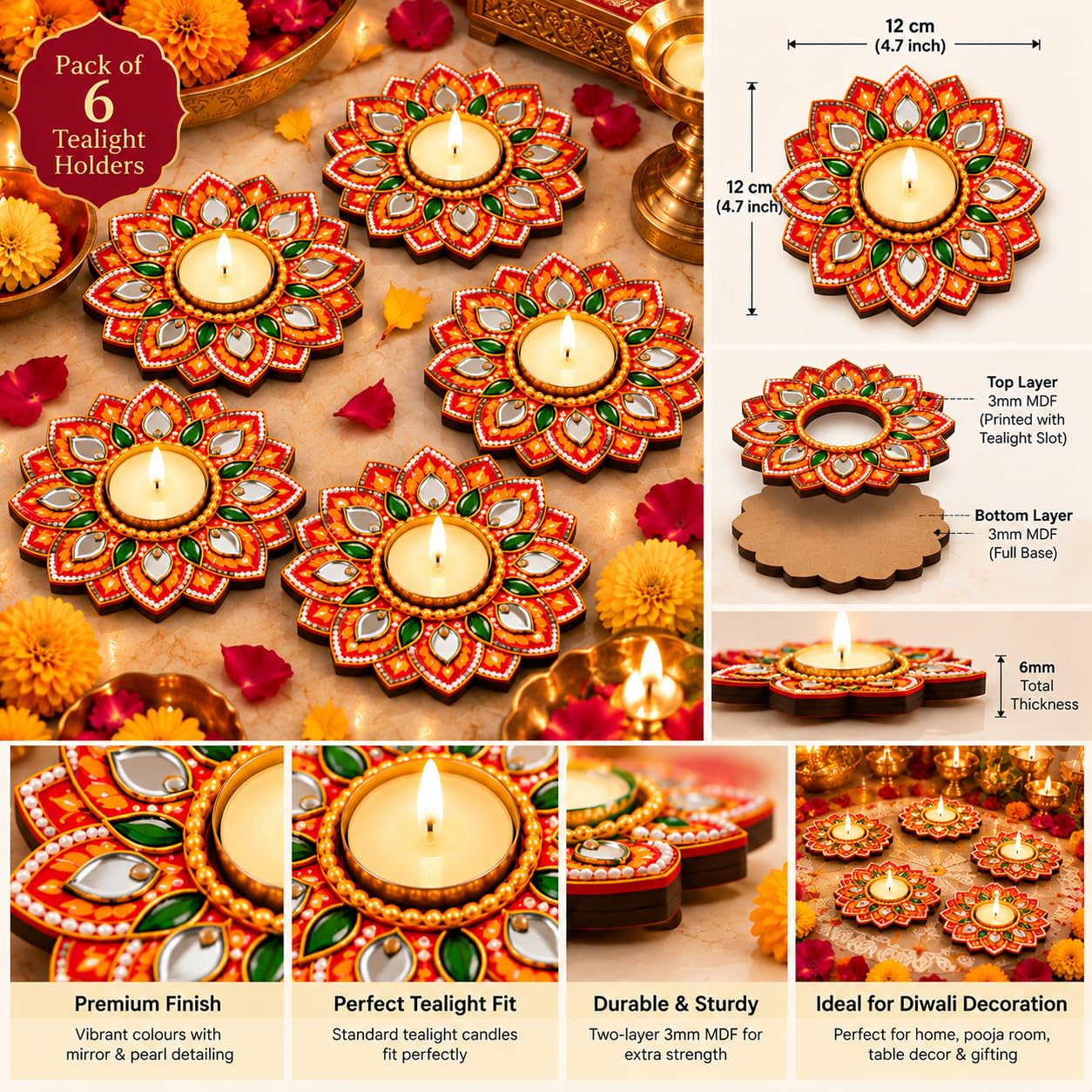 MDF flower candle holder set of 6 pieces