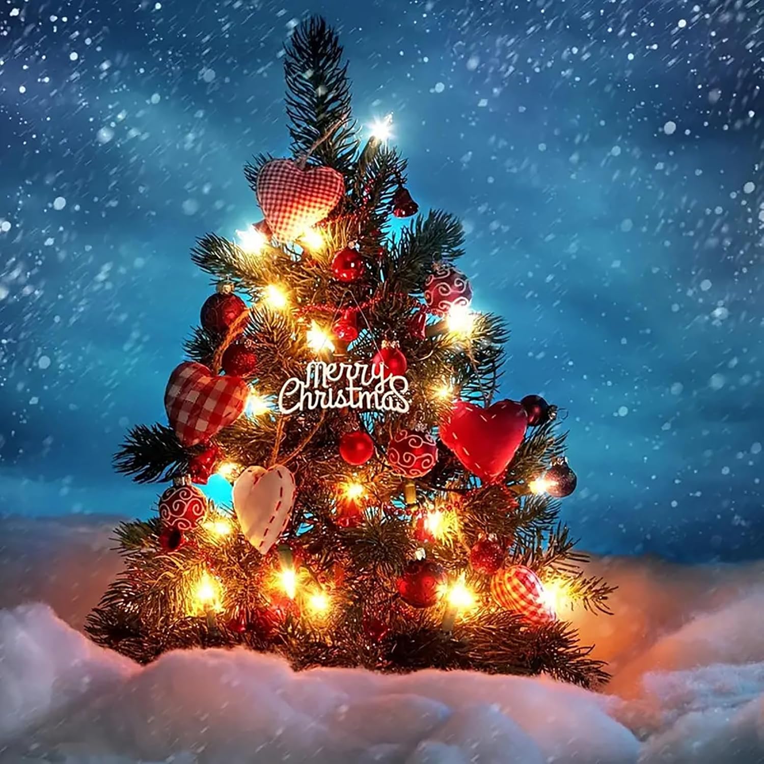 Decorated Christmas tree with lights and 'Merry Christmas' sign in a snowy landscape