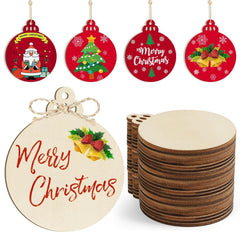 Set of Christmas-themed wooden ornaments with 'Merry Christmas' text and designs.
