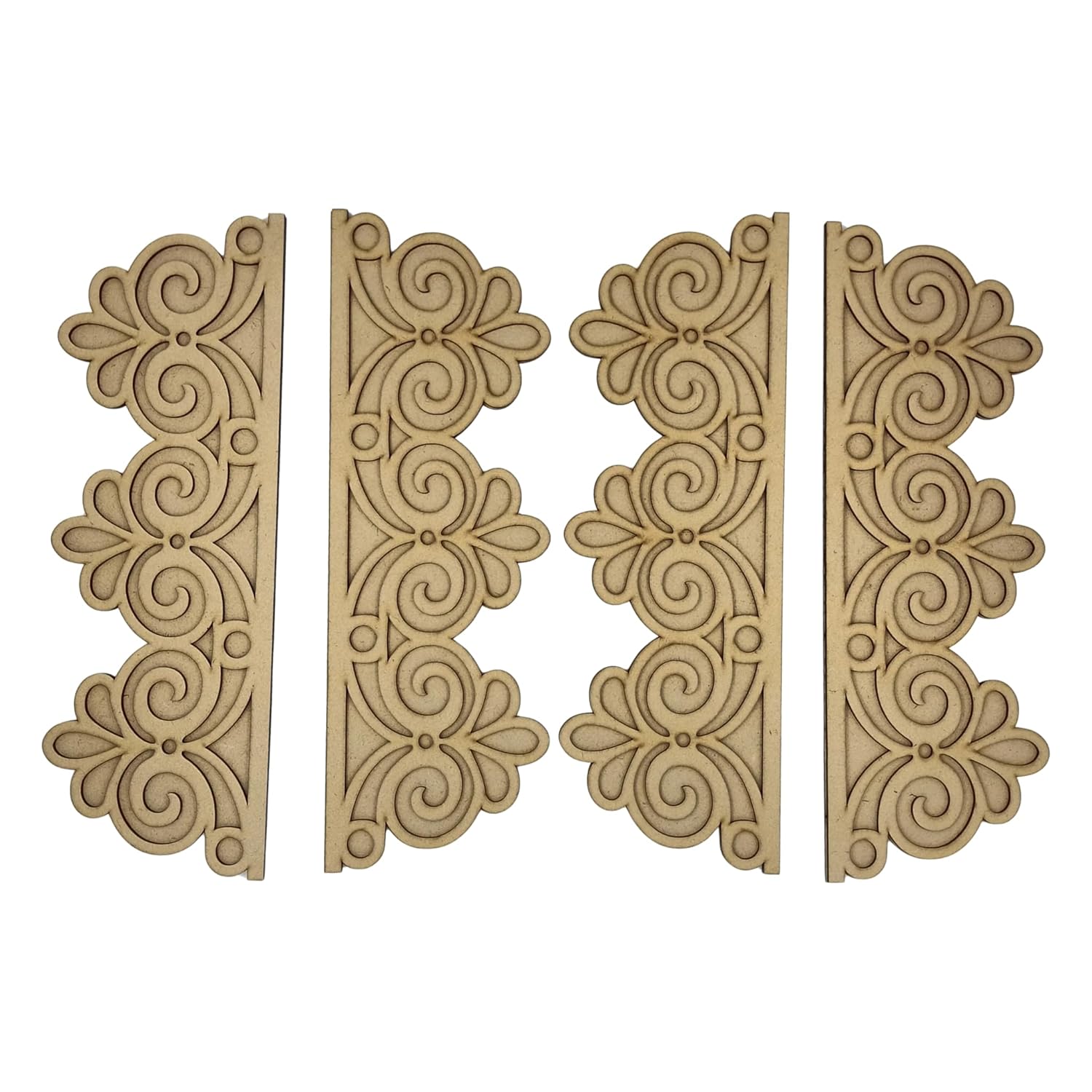 Set of four decorative wooden brackets with intricate patterns on a white background