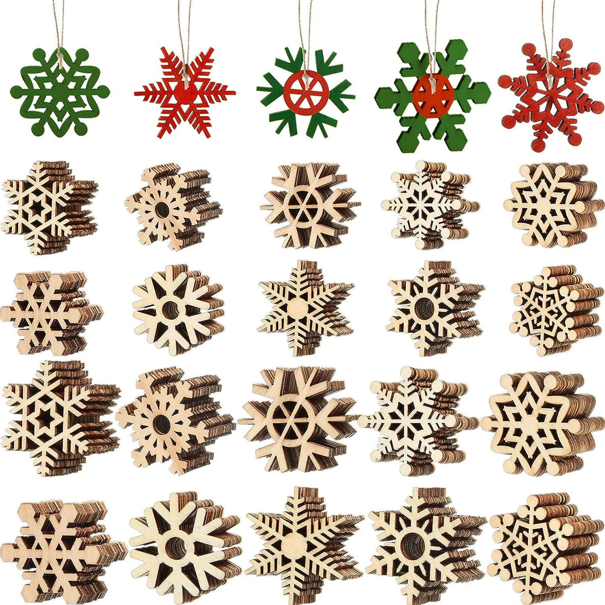 Assorted wooden snowflake ornaments in various designs and colors.
