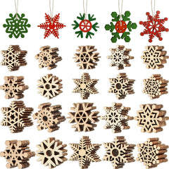 Assorted wooden snowflake ornaments in various designs and colors.