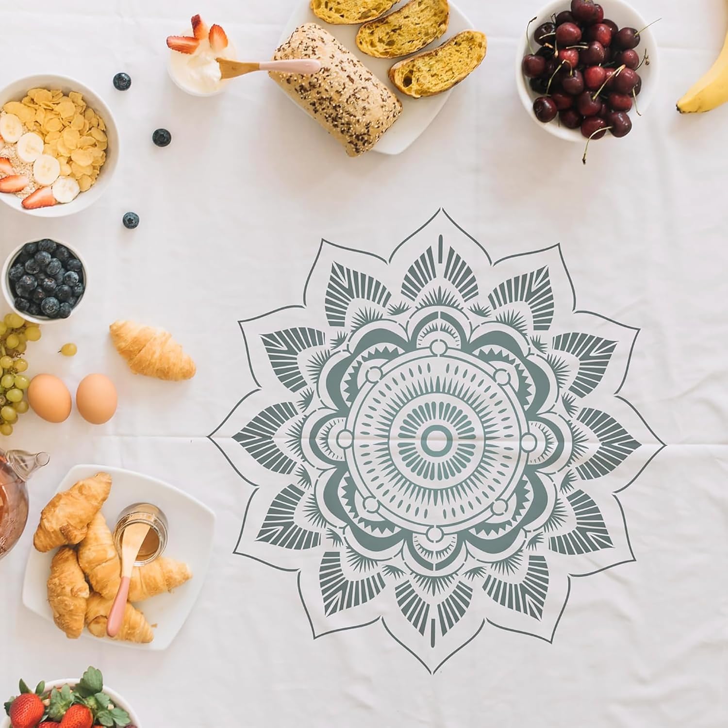 Mandala design on a table with various food items