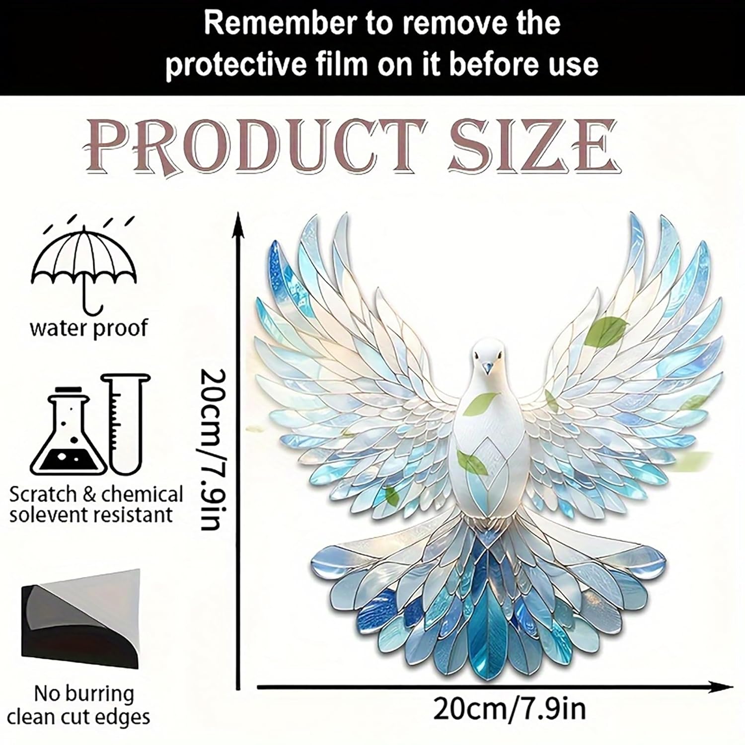 Product size chart with a decorative dove design and text about product features.