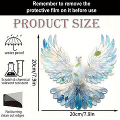 Product size chart with a decorative dove design and text about product features.