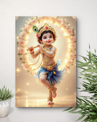 Decorative wall art of a child playing a flute with floral and light decorations on a white background.