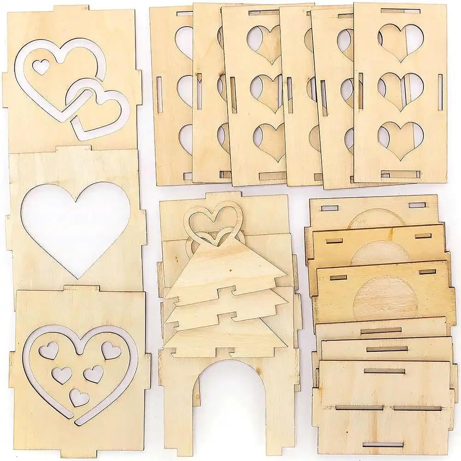 Set of wooden shapes with heart cutouts on a white background