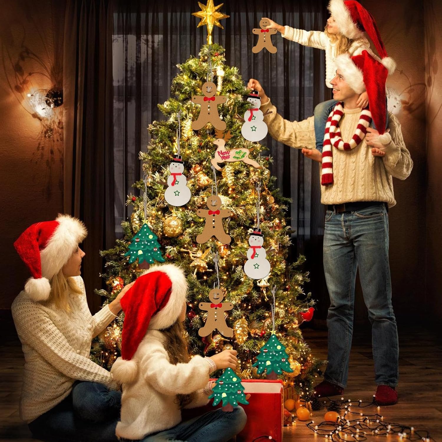 Family decorating a Christmas tree with ornaments in a cozy living room.