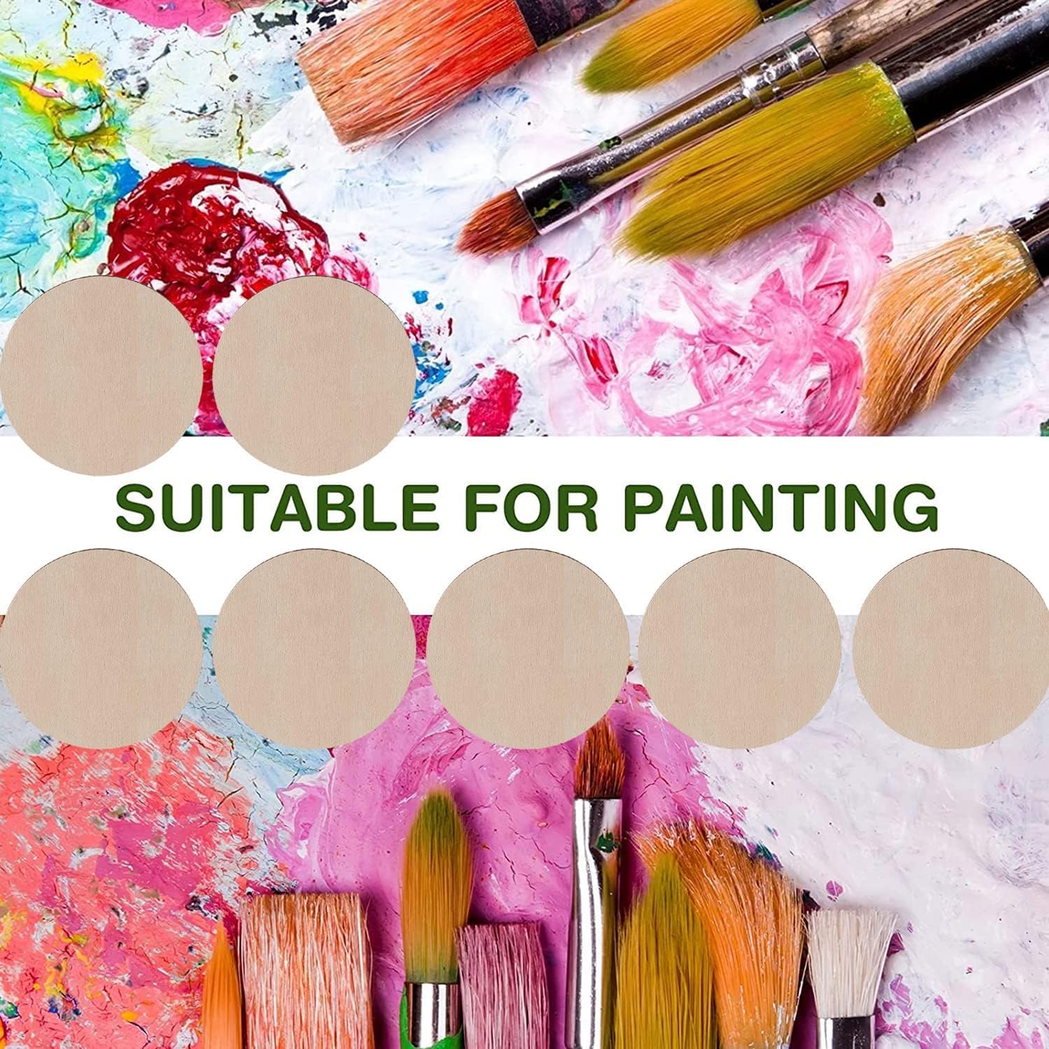 Paintbrushes and paint splashes with text 'Suitable for Painting' on a colorful background.