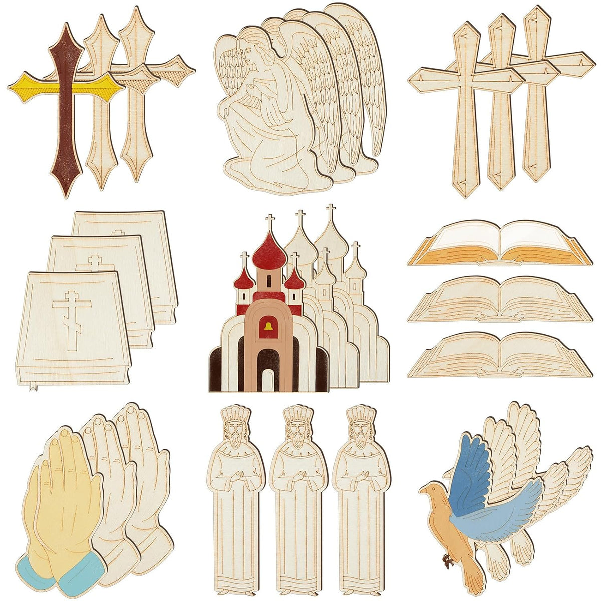 Collection of religious-themed wooden cutouts including crosses, an angel, books, a cathedral, and praying hands on a white background.