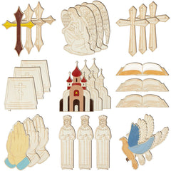 Collection of religious-themed wooden cutouts including crosses, an angel, books, a cathedral, and praying hands on a white background.