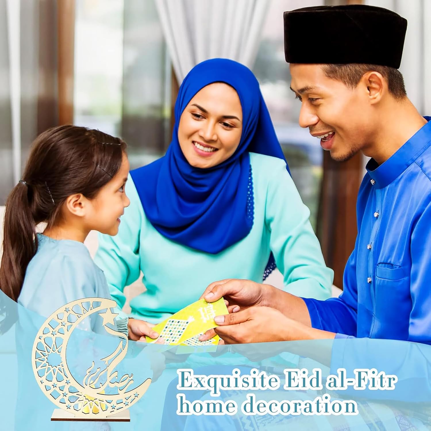 Family of three in traditional attire with a decorative crescent moon and star, celebrating Eid al-Fitr.