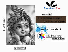 American Elm Baby Krishna HD Printed Aluminum Wall Art Black & White Spiritual Decor for Home Aluminum Sheet