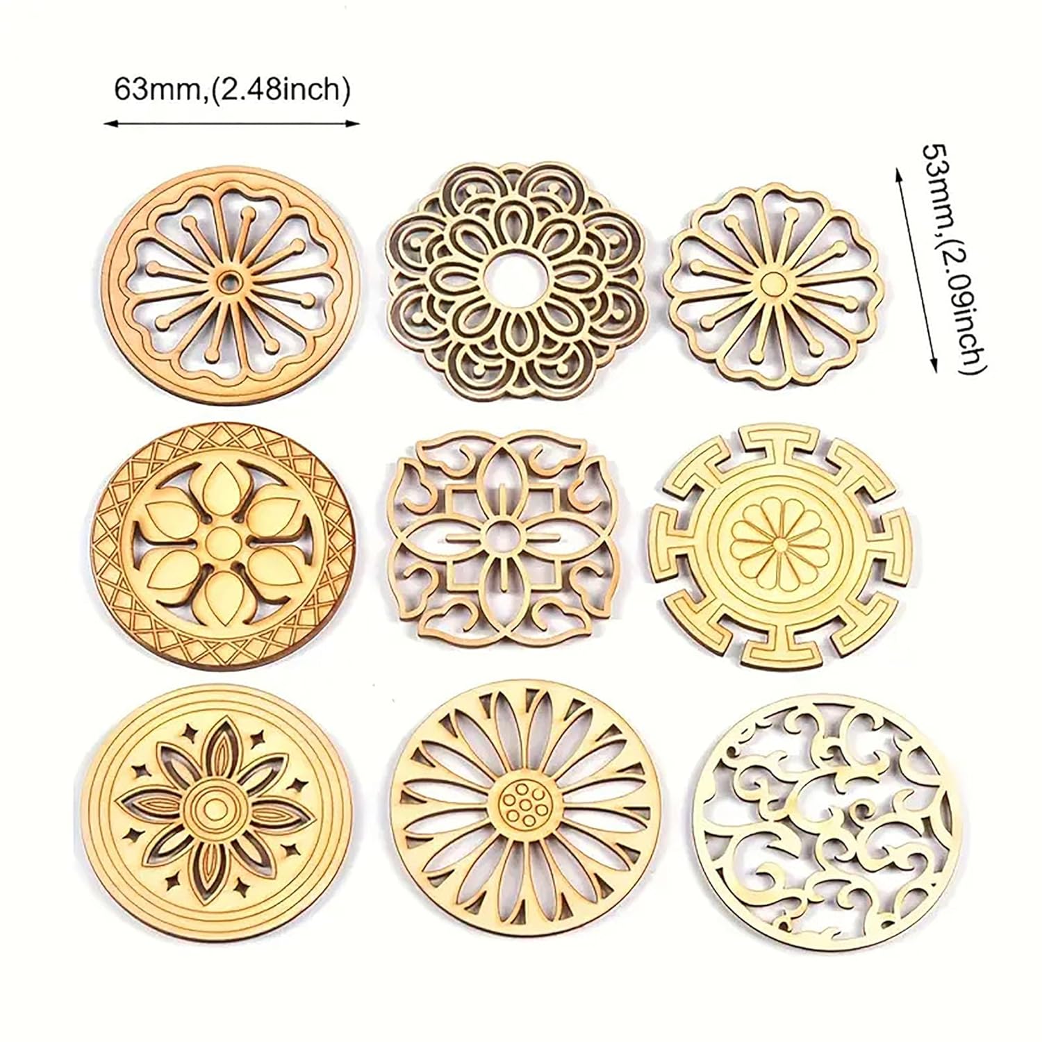 Set of gold decorative circular metal components with measurements shown.