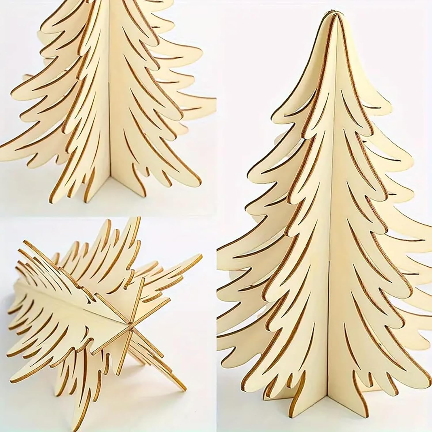 Three wooden Christmas tree decorations on a white background