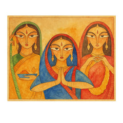 Artistic depiction of three women in traditional attire with colorful clothing and headscarves.