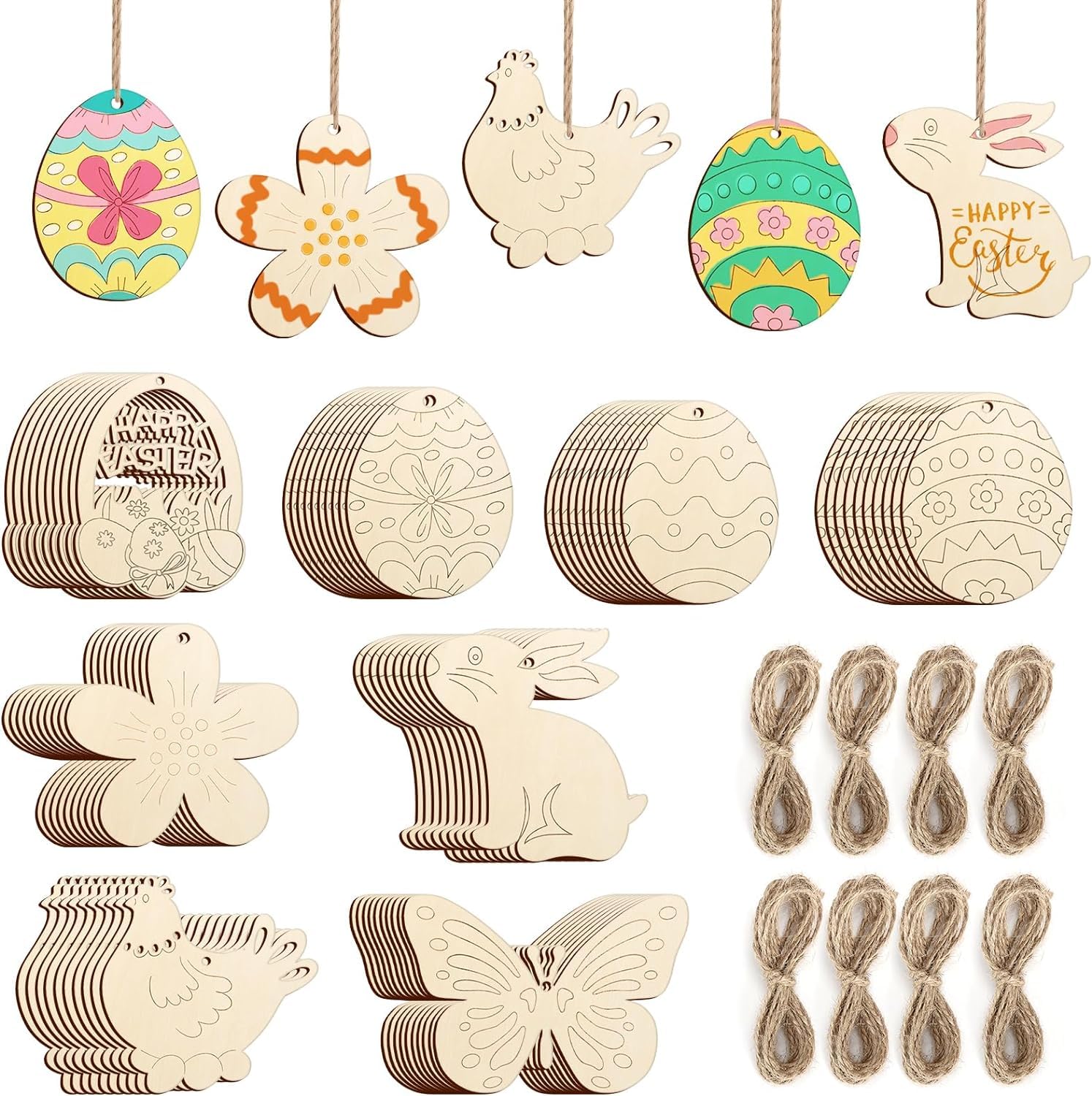 Set of wooden Easter decorations including eggs, flowers, rabbits, and butterflies with strings.