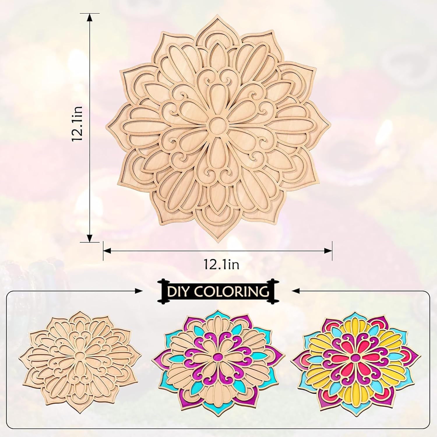 Decorative mandala design with color options and dimensions on a gradient background