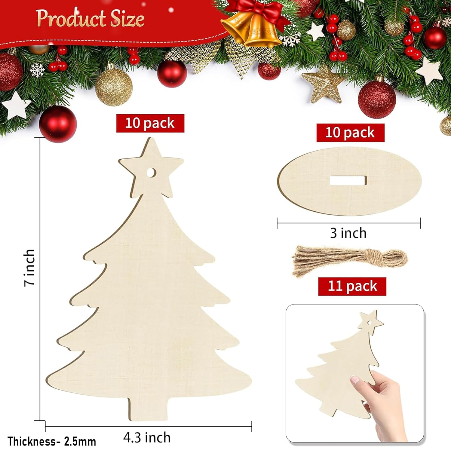Wooden Christmas tree decorations with measurements and product details on a festive background.
